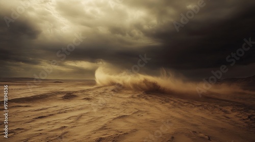 A storm is blowing sand across a desert