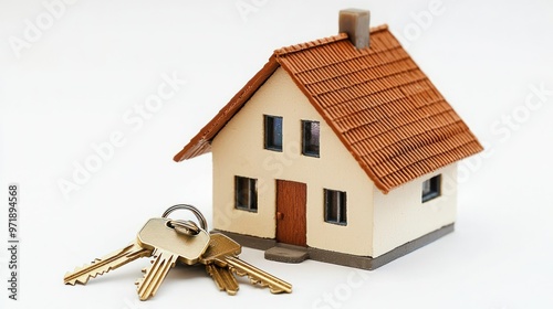 Isolated house and keys on white, symbolizing property ownership and real estate