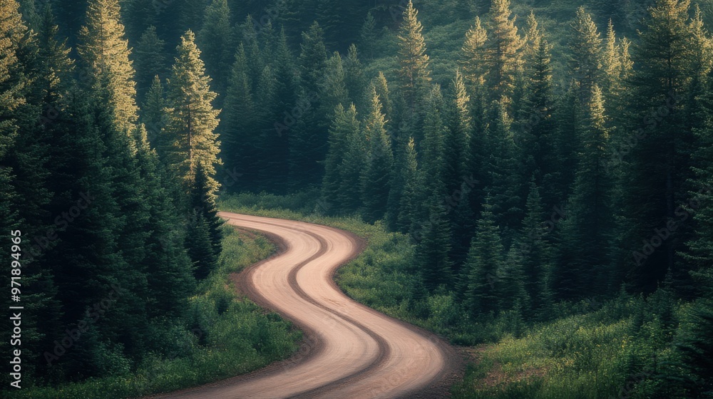 A winding road through a forest with trees on both sides A winding road through a forest with trees on both sides