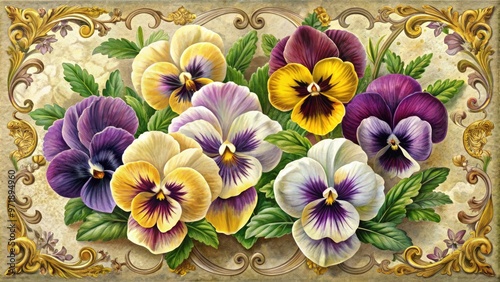 Intricately detailed, hand-colored vintage illustration of pansy flowers in shades of purple, yellow, and white, set against a subtle, textured background with ornate borders. photo