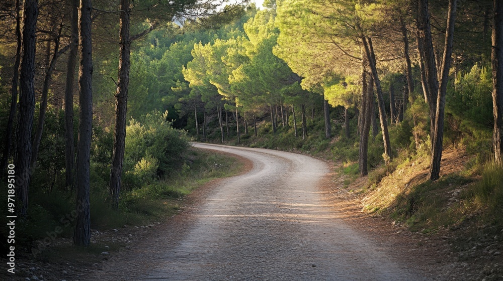 Fototapeta premium A road in the woods with trees on both sides
