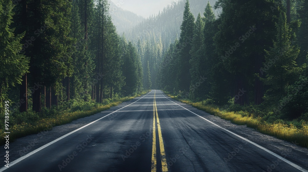 Fototapeta premium A road with trees on both sides and a yellow line