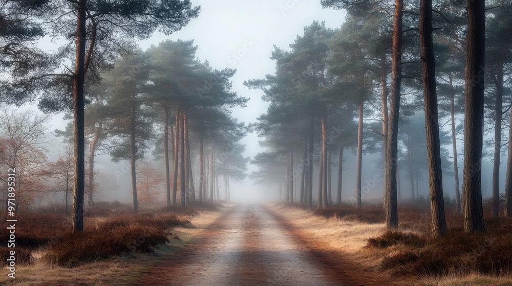 Fototapeta premium A foggy forest road with trees on both sides