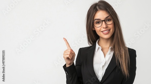 Confident young Caucasian businesswoman in formal wear pointing at copy space, looking at the camera, isolated on white