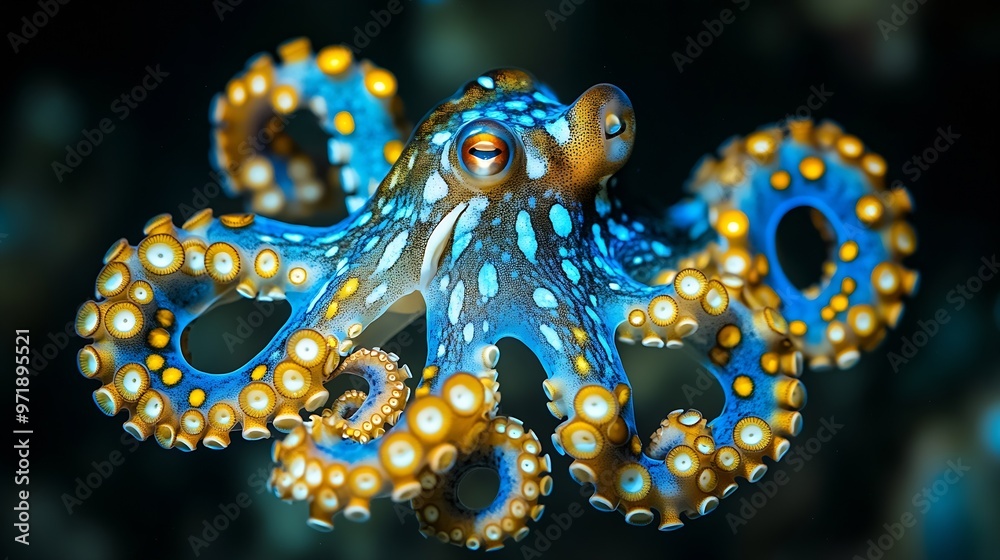 A blue ring octopus against a black background in Lembeh Strait Indonesia : Generative AI A blue ring octopus against a black background in Lembeh Strait Indonesia : Generative AI