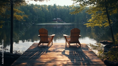 Wallpaper Mural Two Adirondack chairs on a wooden dock facing a lake in Muskoka Ontario Canada during a sunny summer morning Cottages are nested between trees across the water : Generative AI Torontodigital.ca