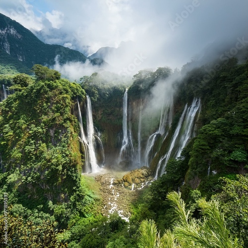 안개낀 산, 신비한 분위기, 폭포가흐른다, Foggy mountains, mysterious atmosphere, waterfalls flowing