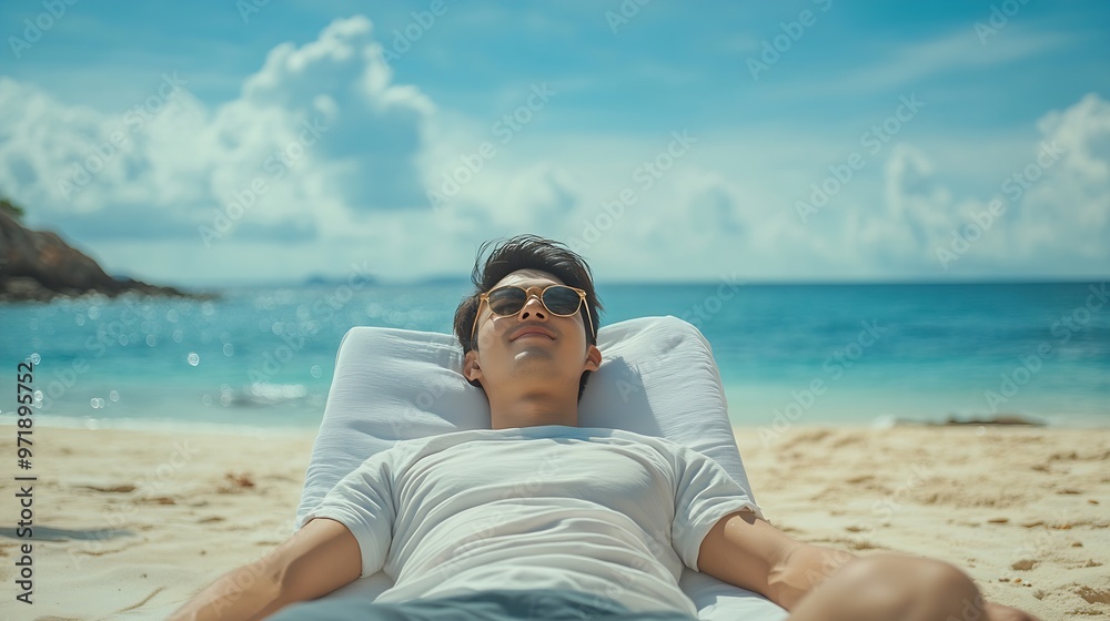 Happy Asian man relax and enjoy outdoor lifestyle travel ocean on summer holiday vacation Handsome guy relaxing and sleeping on sunbed at tropical island beach in sunny day People and : Generative AI Happy Asian man relax and enjoy outdoor lifestyle travel ocean on summer holiday vacation Handsome guy relaxing and sleeping on sunbed at tropical island beach in sunny day People and : Generative AI