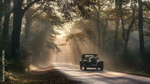 An antique car driving through a misty countryside road at dawn with soft morning light filtering through the trees.