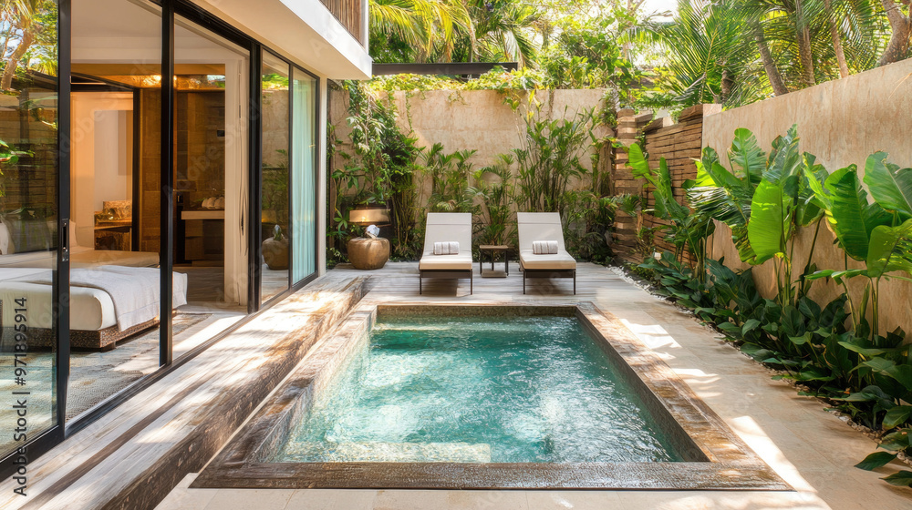 custom made wallpaper toronto digitalA serene outdoor space featuring a small pool and lounge chairs surrounded by lush greenery.