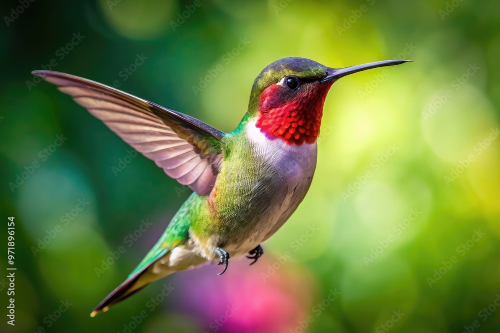 Fototapeta premium Iridescent ruby throat patch glimmers as a hummingbird beats its wings, suspended in mid-air, its slender body and long tail feathers a blur of motion.