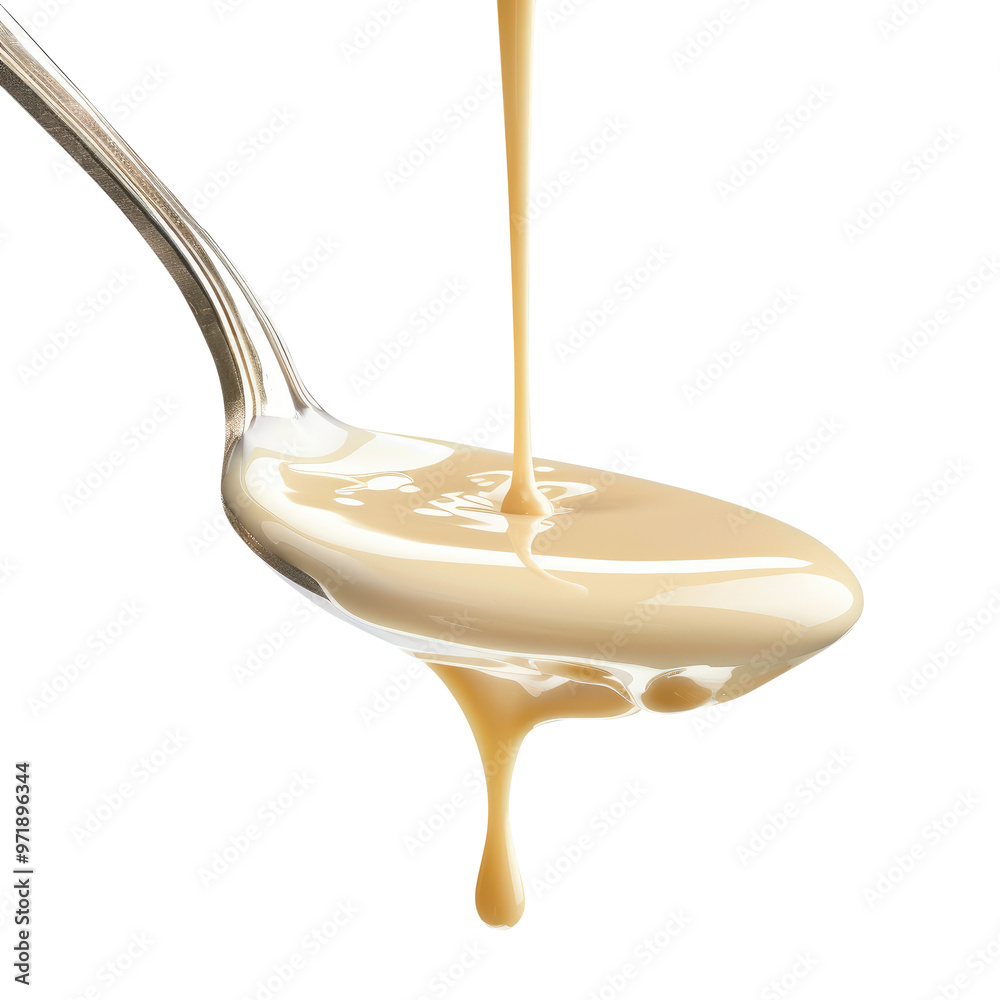 Condensed milk flowing down from spoon isolated on transparent white background, clipping path Condensed milk flowing down from spoon isolated on transparent white background, clipping path