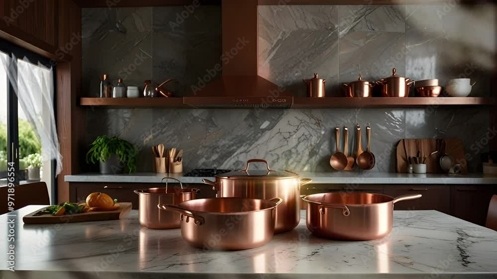 Luxurious and elegant kitchen space with bronze cooking utensils. Seamless 4K looping timelapse video animation background