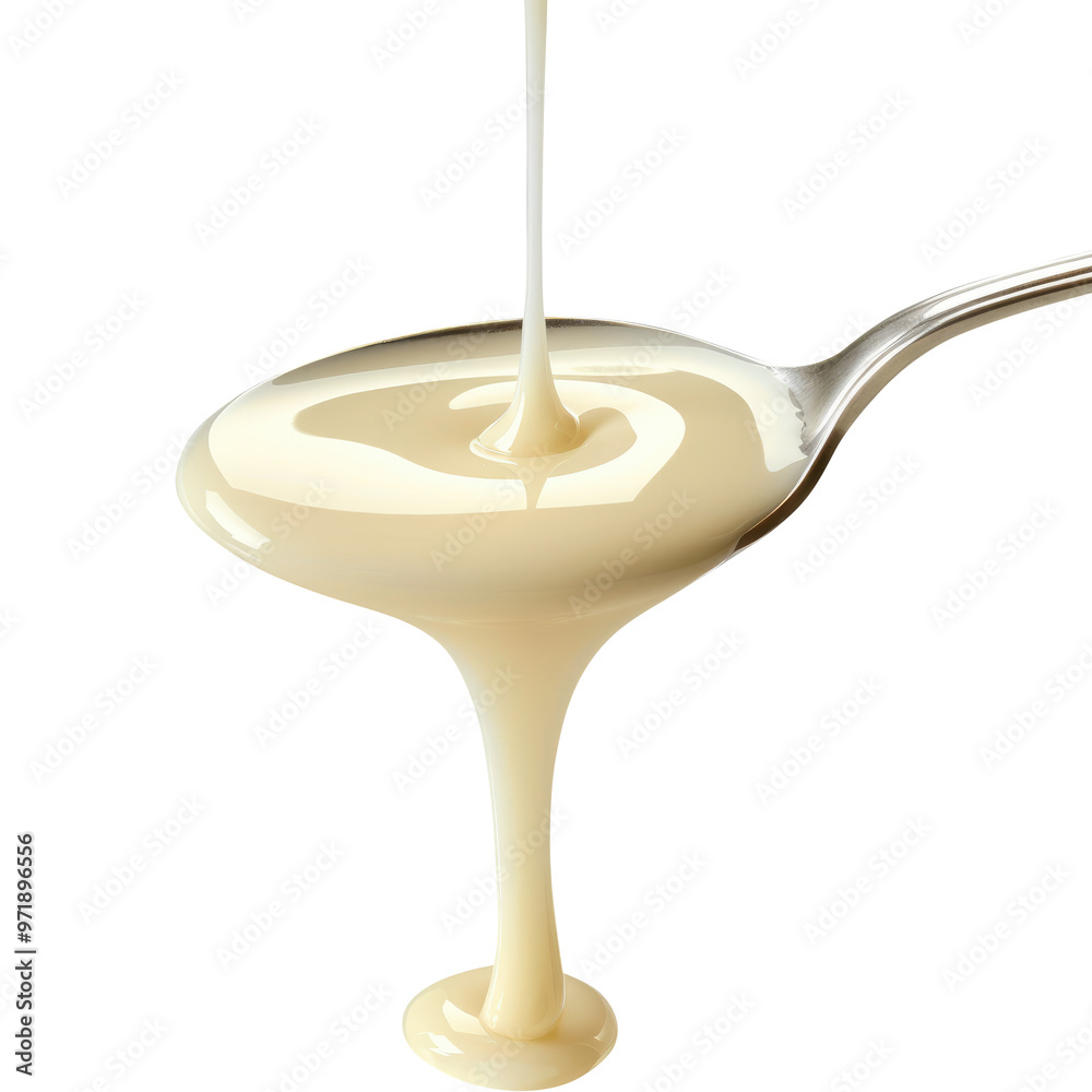 Condensed milk flowing down from spoon isolated on transparent white background, clipping path Condensed milk flowing down from spoon isolated on transparent white background, clipping path
