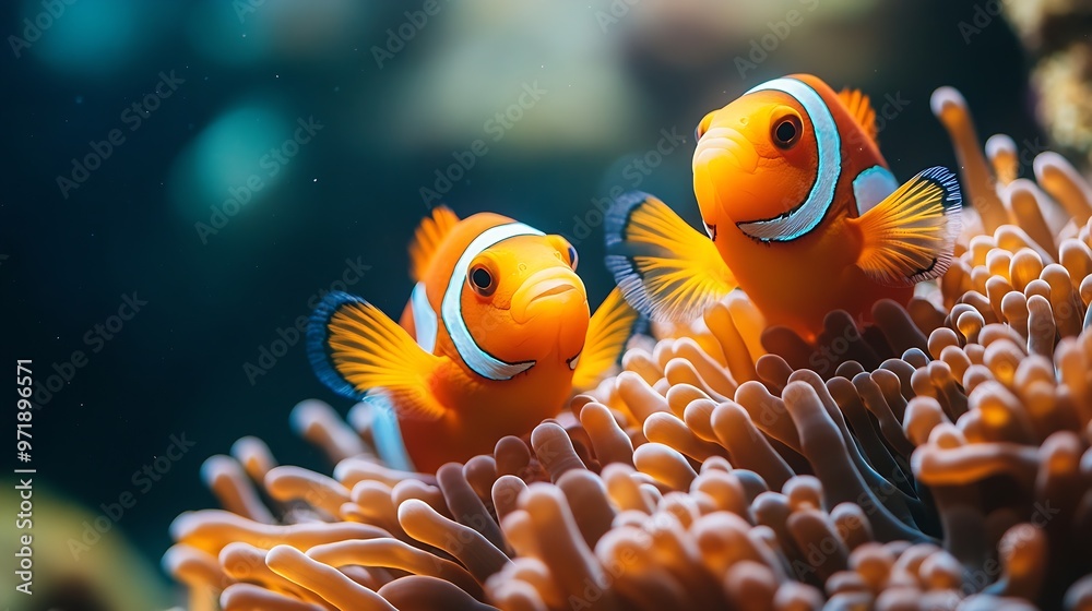 A pair of adorable orange clownfish or clown anemonefish Amphiprion percula swimming merrily among the tentacles of its sea anemone home on the coral reef seabed in warmer or tropical : Generative AI A pair of adorable orange clownfish or clown anemonefish Amphiprion percula swimming merrily among the tentacles of its sea anemone home on the coral reef seabed in warmer or tropical : Generative AI