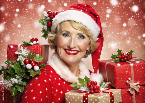 Jovial, rosy-cheeked matron in festive red and white attire, adorned with holly and mistletoe, warmly smiles while surrounded by gift-wrapped presents and snowflakes.