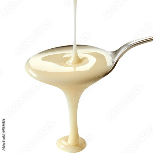 Condensed milk flowing down from spoon isolated on transparent white background, clipping path