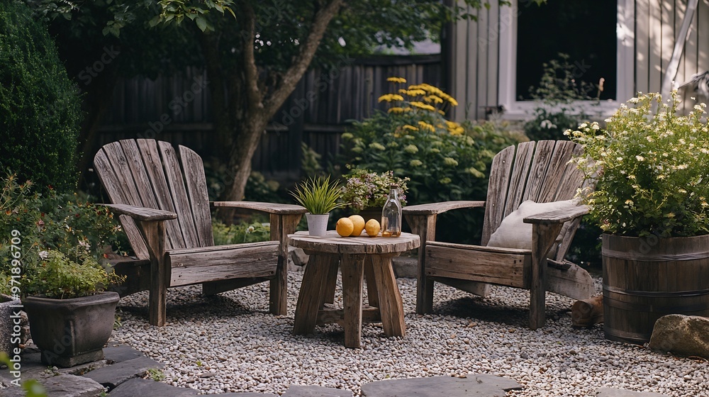 Obraz premium Cozy outdoor seating area with rustic wooden chairs and table patio furniture serene garden setting relaxation spot modern rustic decor : Generative AI