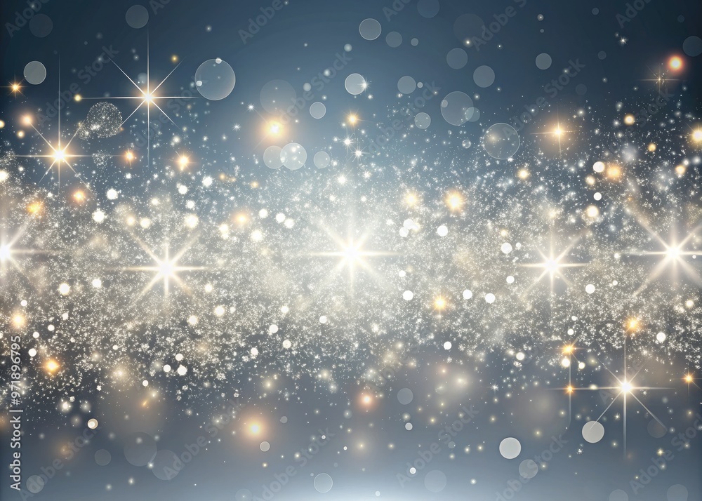 Fototapeta premium Luminous silver glittering sparks scatter across a sleek, modern gradient background, evoking luxury, sophistication, and festive celebration, perfect for elegant designs and decorations.