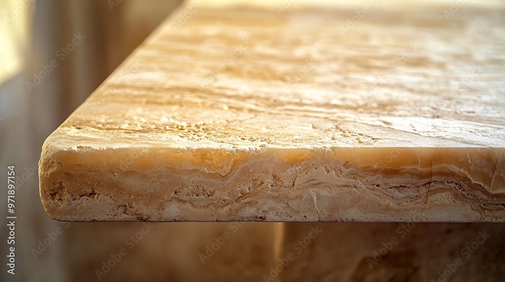 Φωτογραφία beige travertine marble table corner at foreground used as product displayed iso