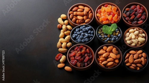 A variety of nuts and dried fruits arranged in bowls on a dark surface.