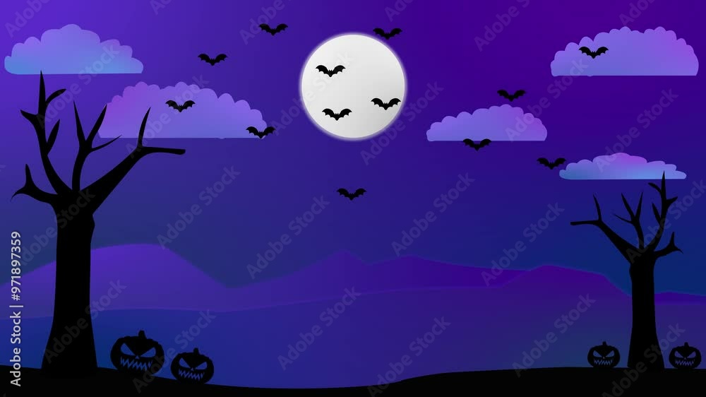 bat animation flying over halloween pumpkins and trees under moonlight, halloween background