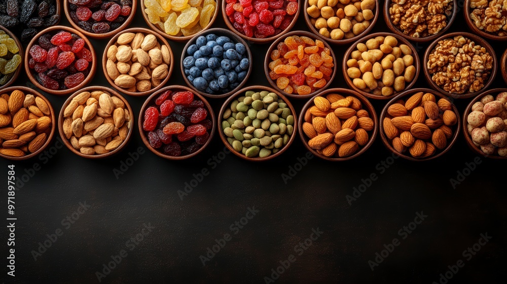 An array of nuts and dried fruits in bowls, showcasing variety and healthy snacking options. An array of nuts and dried fruits in bowls, showcasing variety and healthy snacking options.