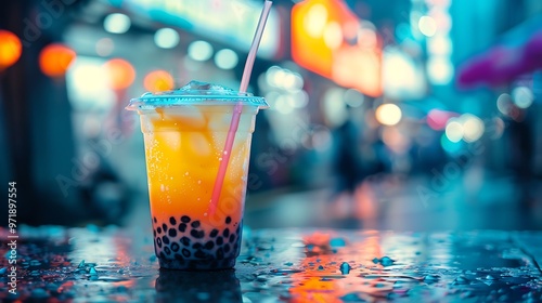 A colorful bubble tea with a wide straw, tapioca pearls at the bottom, and a thick layer of creamy foam. The drink is in a transparent cup, with a bustling urban street scene in the background,  photo