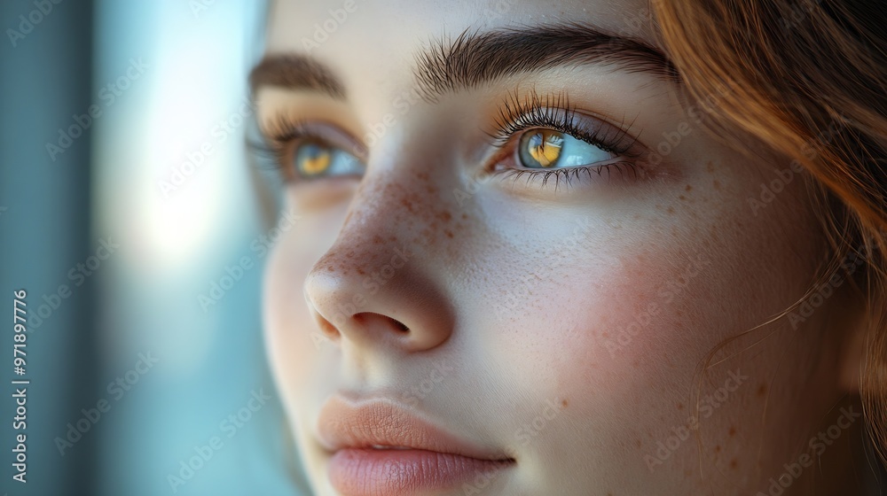 Upper face of woman looking into distance close up side profile view wide photography Female advertises eye sight check up professional clinic services lenses eyesight laser correction : Generative AI Upper face of woman looking into distance close up side profile view wide photography Female advertises eye sight check up professional clinic services lenses eyesight laser correction : Generative AI