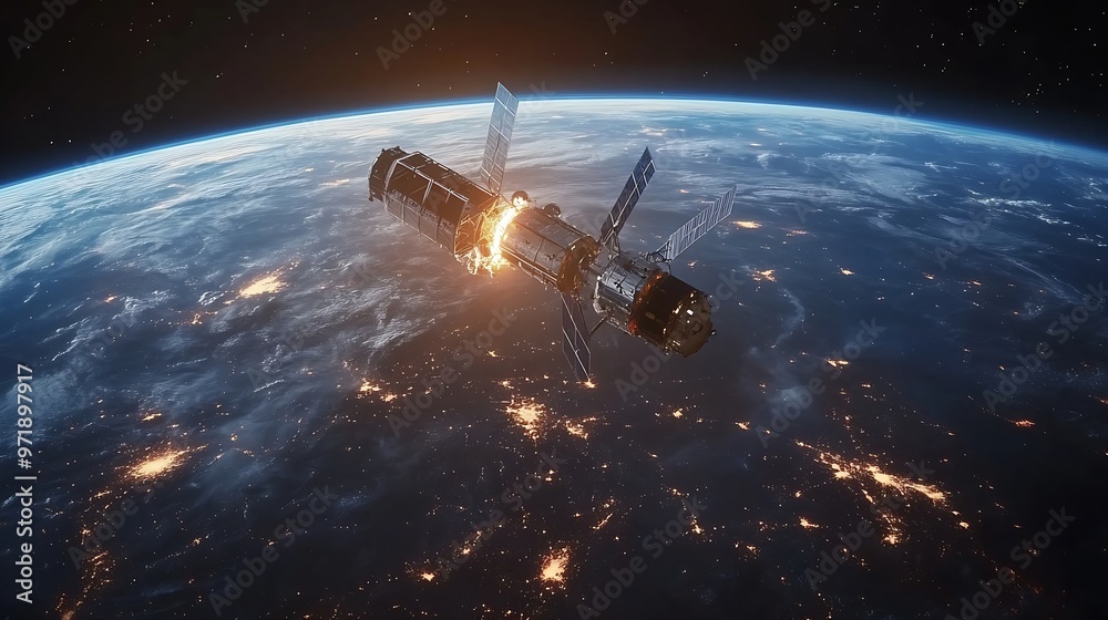 Obraz premium Telecommunication satellite providing global internet network and high speed data communication above Europe Satellite in space low Earth orbit Worldwide communication technology : Generative AI