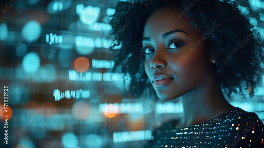 Black woman with tablet erp overlay and charts innovation in research and programming for future app technology Futuristic network analytics and developer for startup business website  : Generative AI