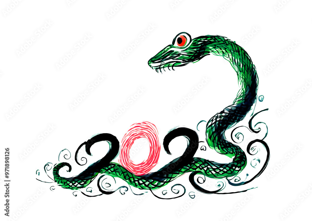 Obraz premium Happy New Year 2025. Colorful snake on abstract background.