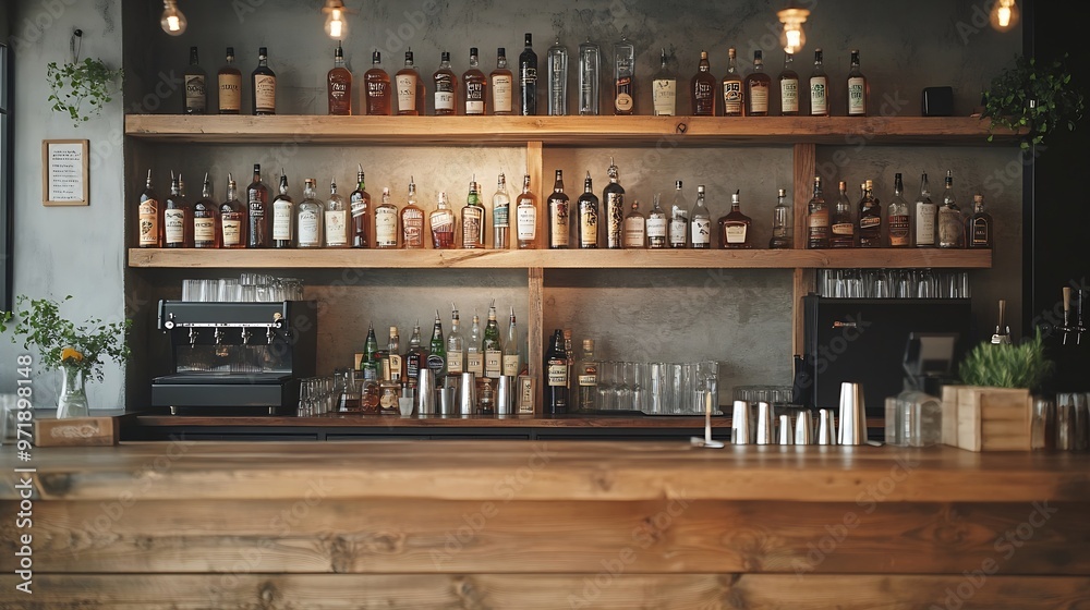 Open wooden bar counter with alcohol on shelves in modern cafe restaurant interior panorama copy space : Generative AI Open wooden bar counter with alcohol on shelves in modern cafe restaurant interior panorama copy space : Generative AI