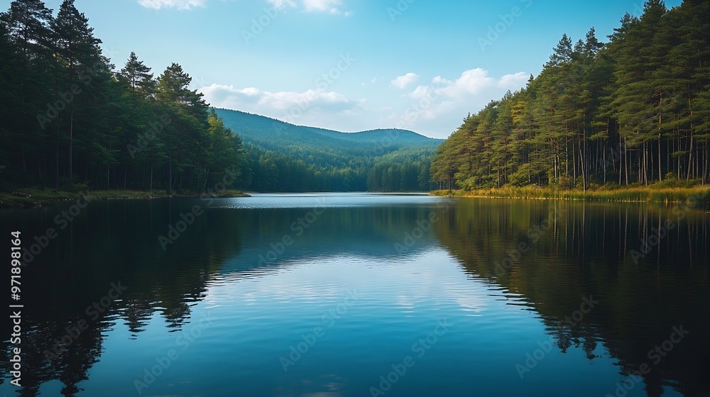Obraz premium Lake Between Forests And Mountains : Generative AI