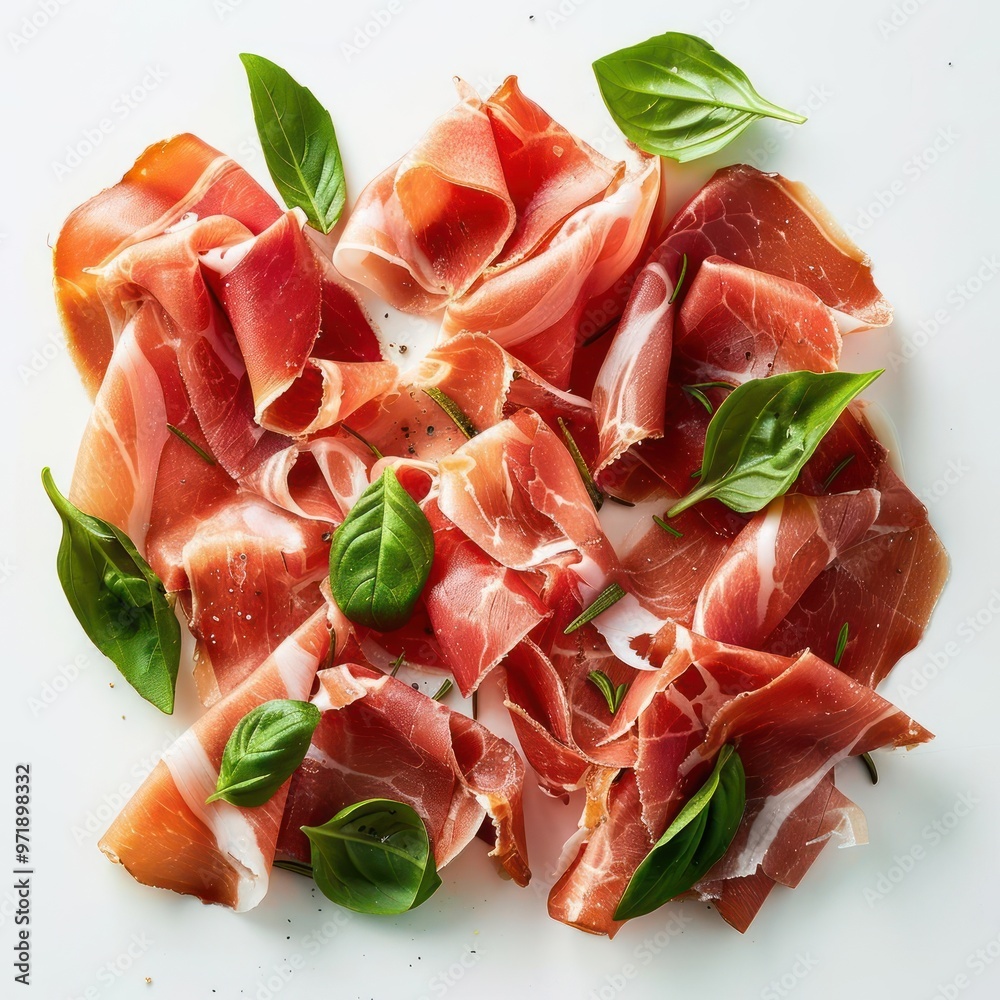 A selection of premium cured meats, topped with fresh basil leaves and mint. A selection of premium cured meats, topped with fresh basil leaves and mint.