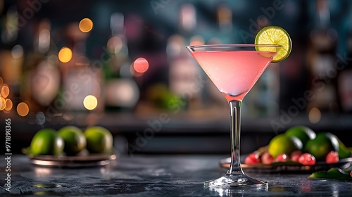 A classic Cosmopolitan cocktail served in a martini glass, with a light pink hue and a lime twist garnish. The glass is set on a sleek bar counter with a chic, urban background, 