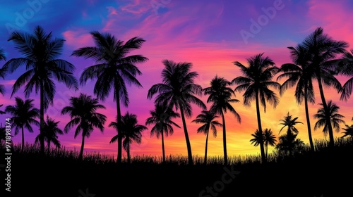 Serene Tropical Sunset with Silhouetted Palm Trees