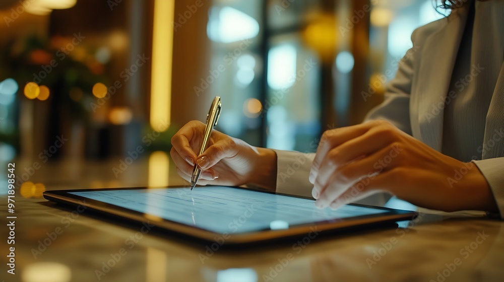 Hotel worker filling in report forms on tablet providing luxury service with check in process in lobby Receptionist talking to guests about booking details and room accommodation : Generative AI