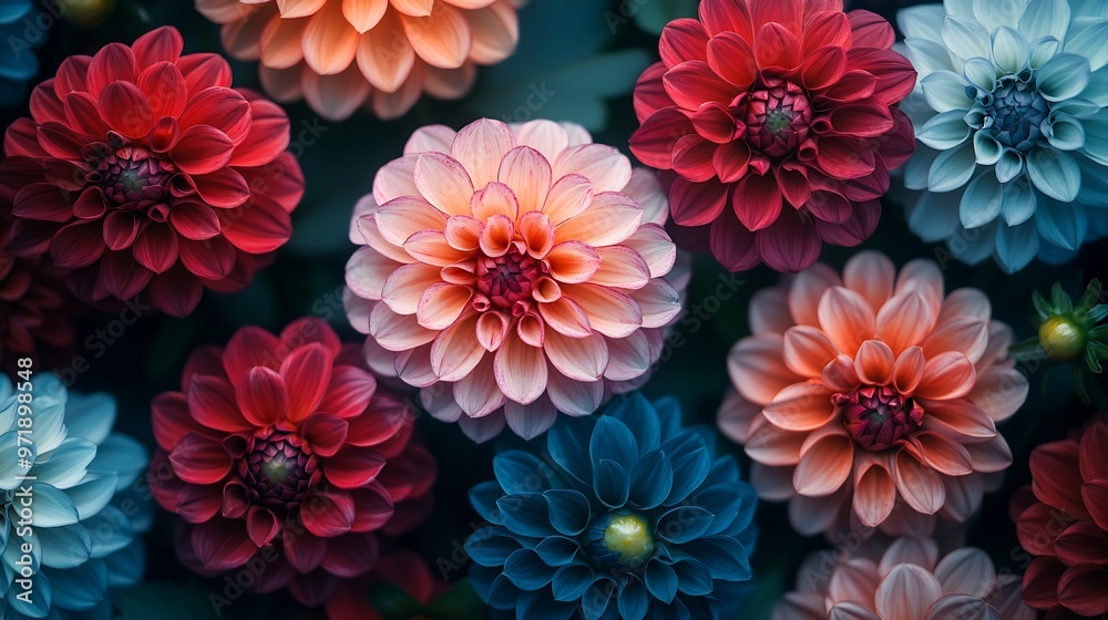 Various colours and shapes of dahlia flowers : Generative AI