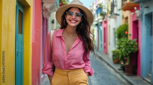 Happy smiling female traveler wearing stylish hat glasses pink shirt wide leg trousers walking posing near colorful houses in street Travel tourism vacation fashion lifestyle conceptio : Generative AI photo