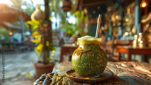 A traditional Argentinian mate gourd with a bombilla, the metal straw sticking out of the frothy, green mate. The gourd is placed on a rustic wooden table with a cozy Argentine setting in the  photo