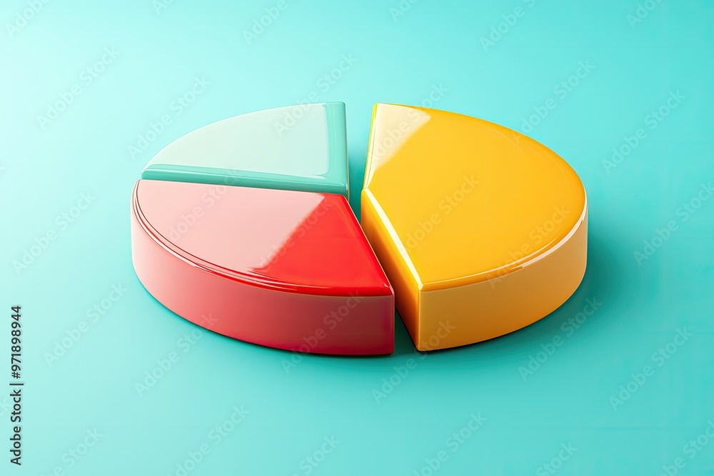 Obraz premium Colorful pie chart on a bright turquoise background, representing data visualization and statistics in a creative way.