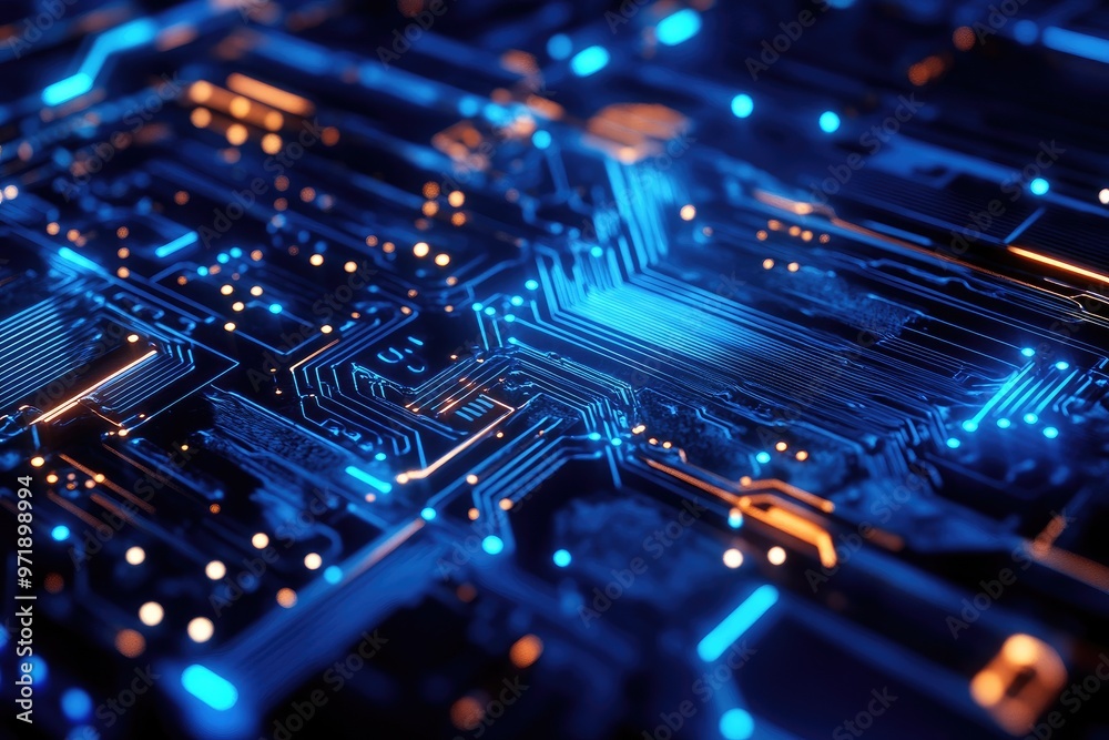Vibrant circuitry with glowing blue lights, showcasing the intricate design of a modern electronic circuit board. Vibrant circuitry with glowing blue lights, showcasing the intricate design of a modern electronic circuit board.