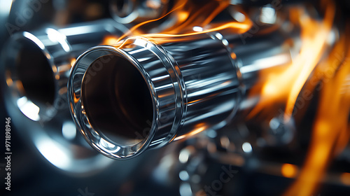 A close-up of a sport motorcycles exhaust pipe with heat waves distorting the background as it roars to life. photo