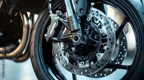 Wallpaper Mural A close-up of a sport motorcycles front wheel and disc brakes with the suspension and tire details in sharp focus. Torontodigital.ca