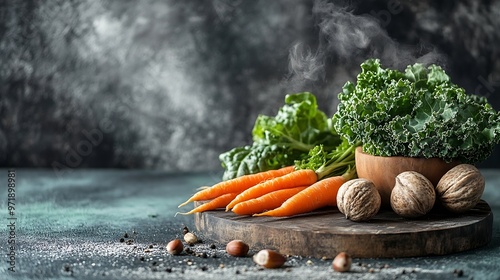 Organic raw winter vegetables on kitchen table with carrots chesnuts chard kale : Generative AI photo