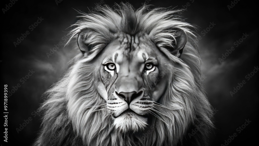 Majestic lion's intense gaze stands out against a stark black and white backdrop, whiskers and fur textures vividly highlighted in striking monochrome contrast. Majestic lion's intense gaze stands out against a stark black and white backdrop, whiskers and fur textures vividly highlighted in striking monochrome contrast.