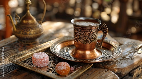 A traditional Turkish coffee served in a beautifully crafted copper cezve, with rich, dark coffee bubbling at the top. The scene includes a small, ornate serving tray with a piece of Turkish 