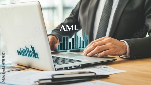 Businessman touching a virtual screen with the word "AML" and icons of financial business, law, and a ground banner for an airline system web page design concept, with a double exposure effect.