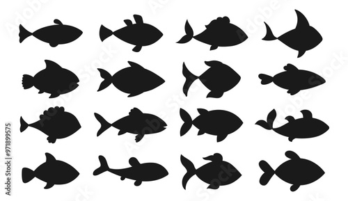 Sea fish silhouette cartoon set. Abstract shape marine fish kids naive drawn art. Tuna salmon or aquarium fishes simple figure. Flat ocean design isolated vector illustration on a white background